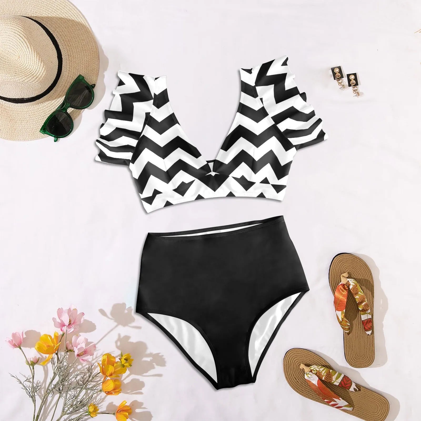 black solid print skirt Women's Ruffle Sleeve Bikini Swimsuit (Model S42)