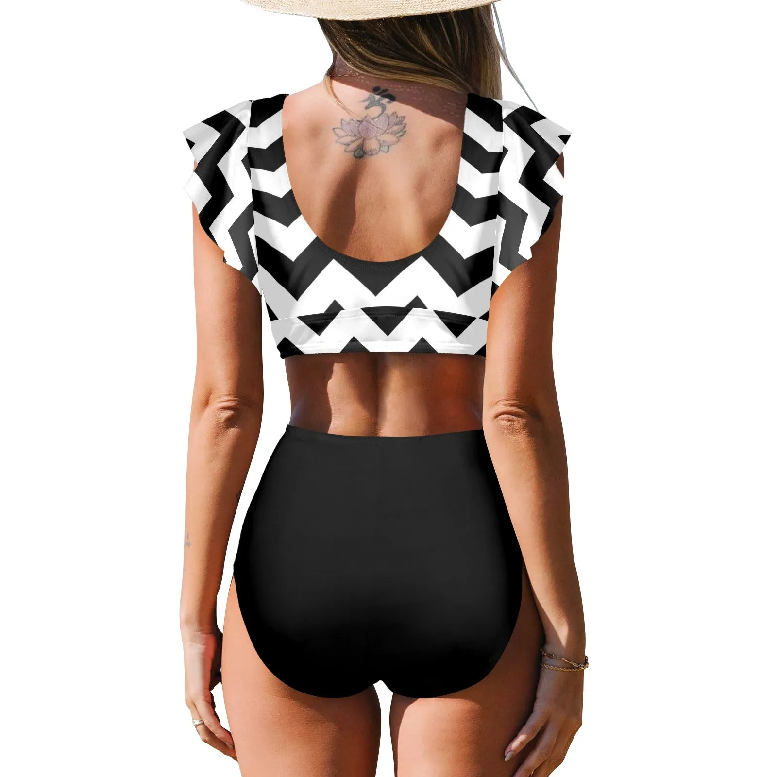 black solid print skirt Women's Ruffle Sleeve Bikini Swimsuit (Model S42)