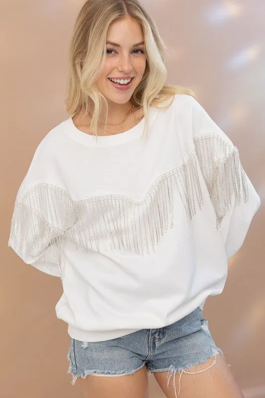 Blue B Rhinestone Fringe Pullover Top