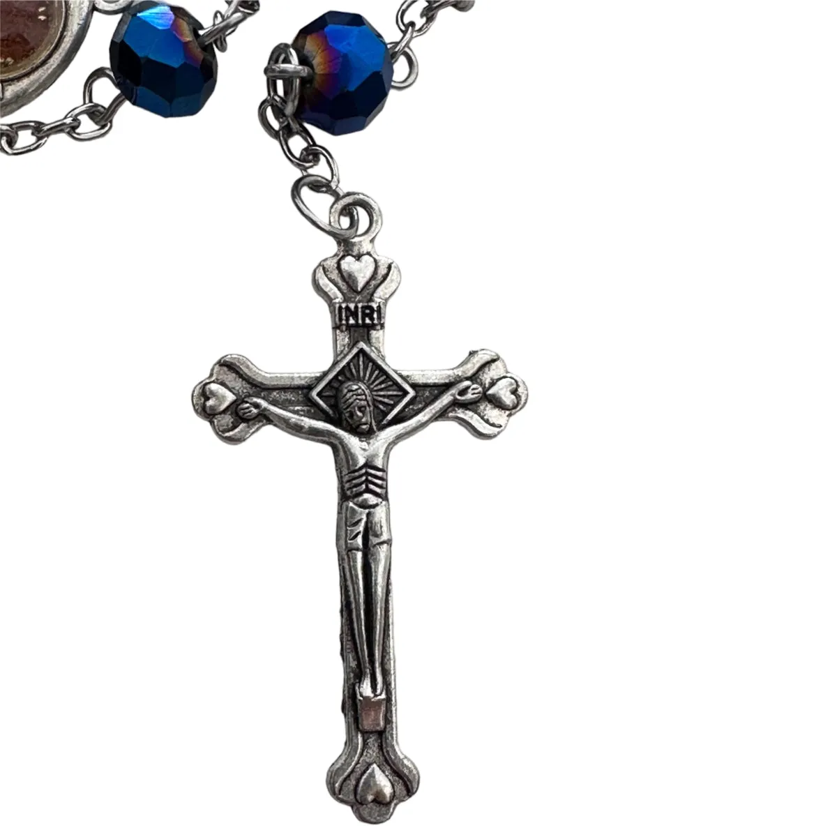 Blue Glass Crystal Beads Rosary Necklace Holy Medal Silver Plated