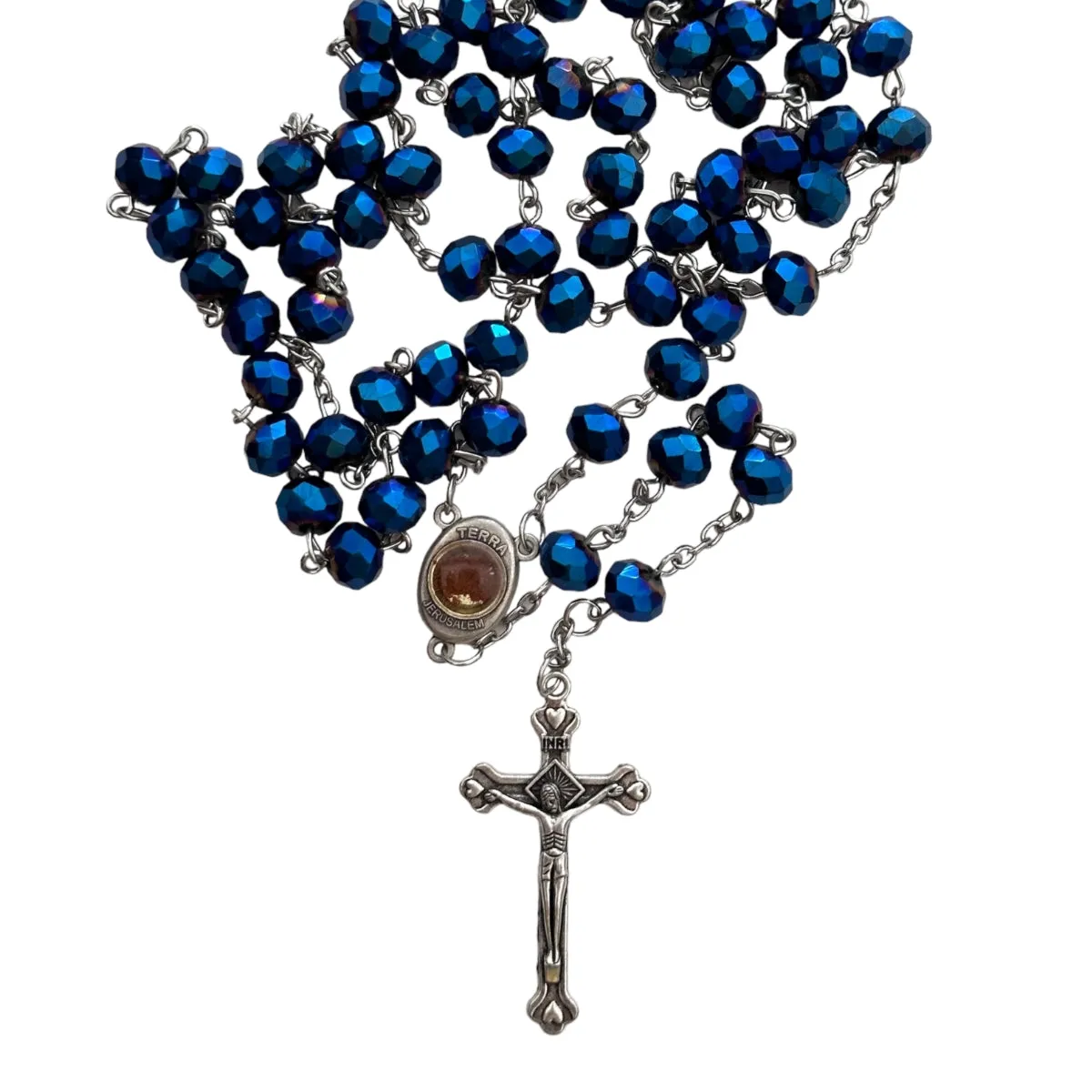 Blue Glass Crystal Beads Rosary Necklace Holy Medal Silver Plated