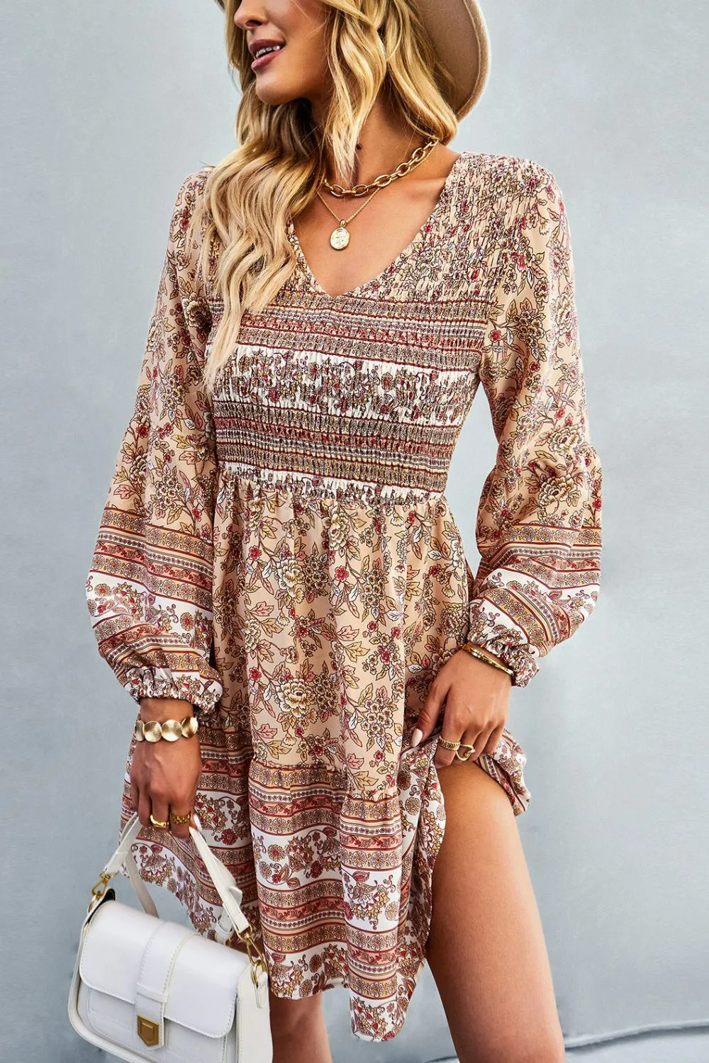 Bohemian V-Neck Balloon Sleeve Dress - Chic Summer Beach Wedding Guest Attire for Women