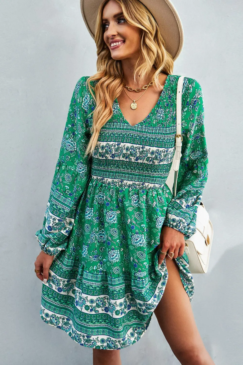 Bohemian V-Neck Balloon Sleeve Dress - Chic Summer Beach Wedding Guest Attire for Women