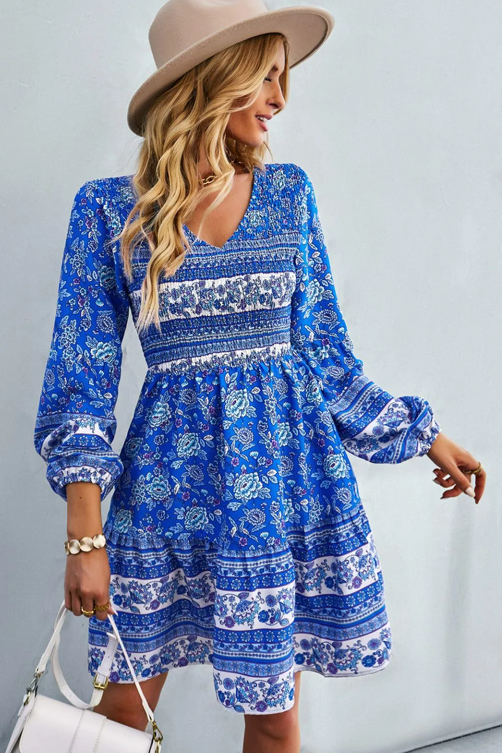 Bohemian V-Neck Balloon Sleeve Dress - Chic Summer Beach Wedding Guest Attire for Women