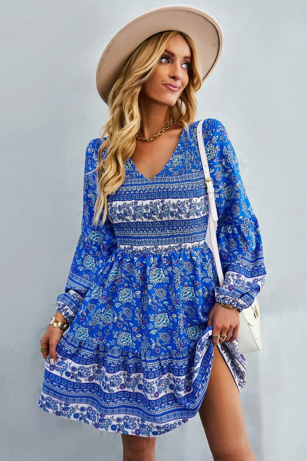 Bohemian V-Neck Balloon Sleeve Dress - Chic Summer Beach Wedding Guest Attire for Women