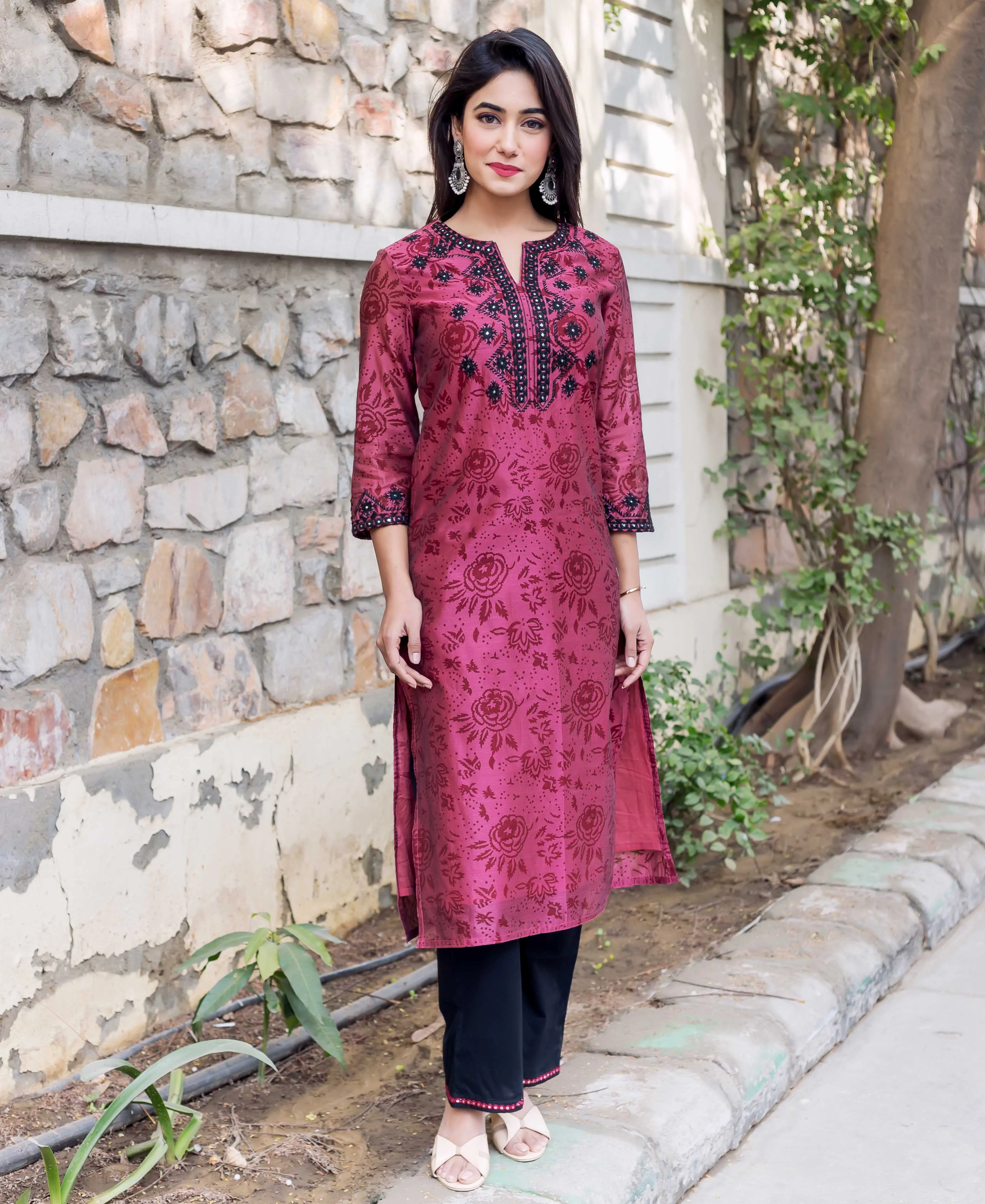 Burgundy Chanderi Block Printed Kurta