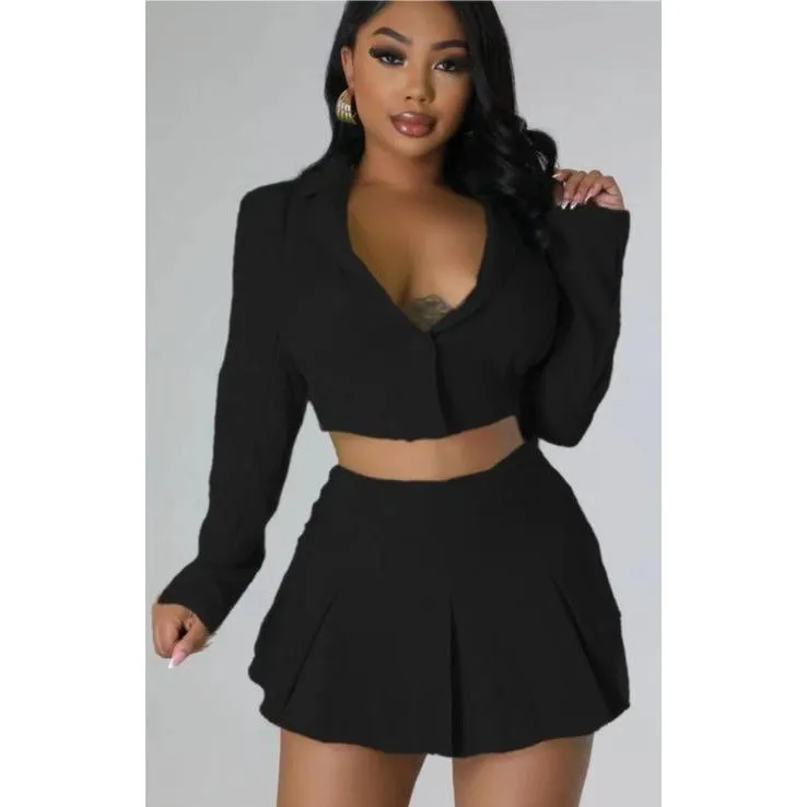 Buttoned Long Sleeve Top And Pleated Mini Skirt Set