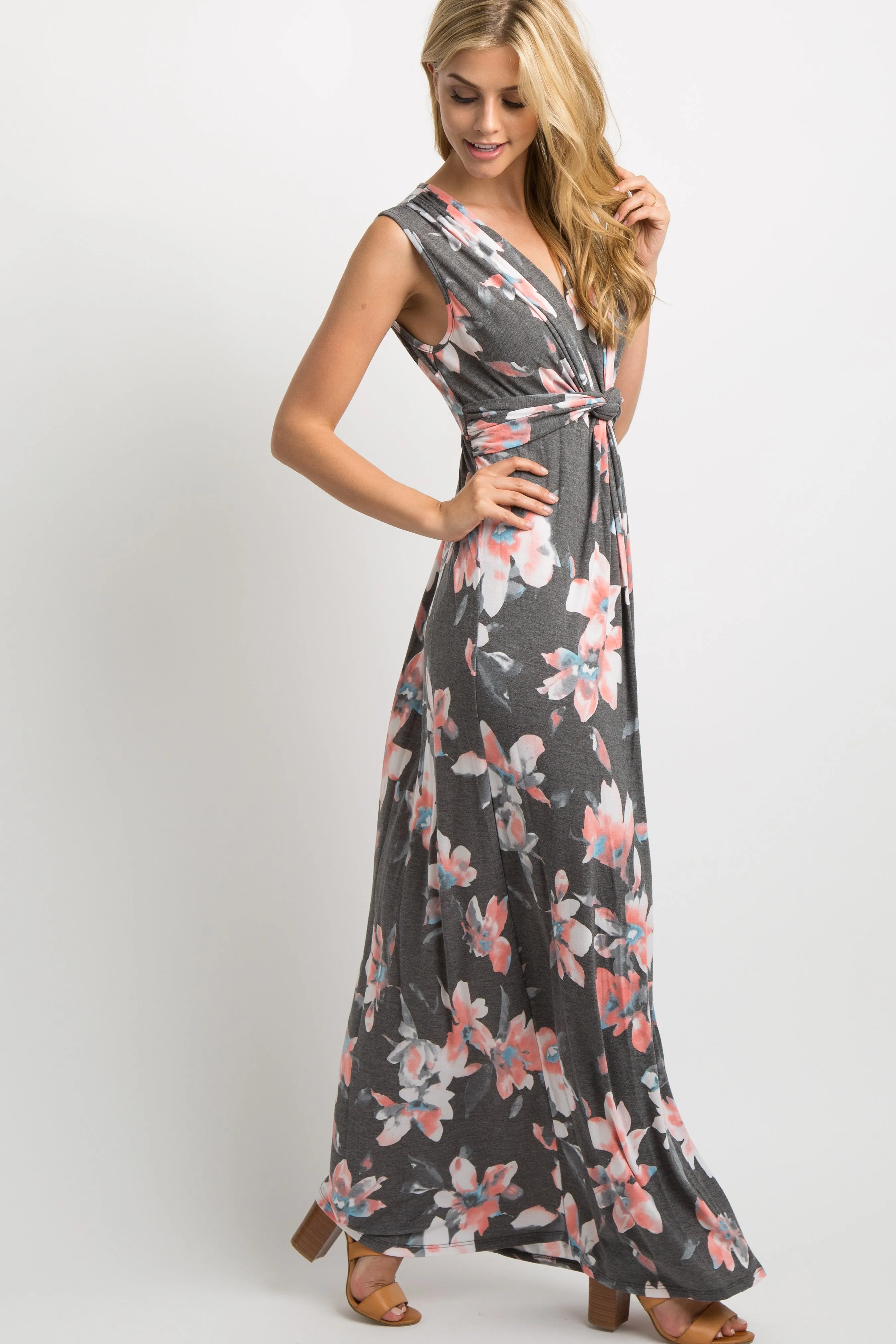 Charcoal Grey Floral Sleeveless Knot Front Maxi Dress