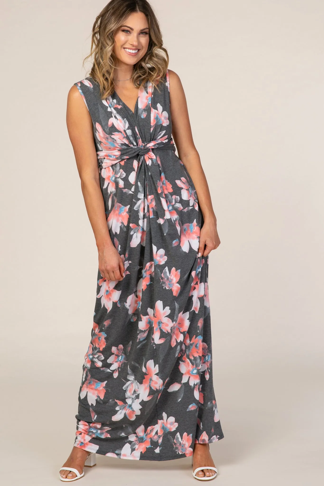 Charcoal Grey Floral Sleeveless Knot Front Maxi Dress