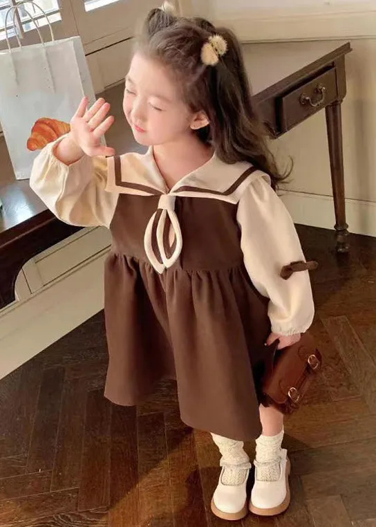 Chic Coffee Sailor Collar Patchwork Cotton Girls Dresses Long Sleeve XZ022