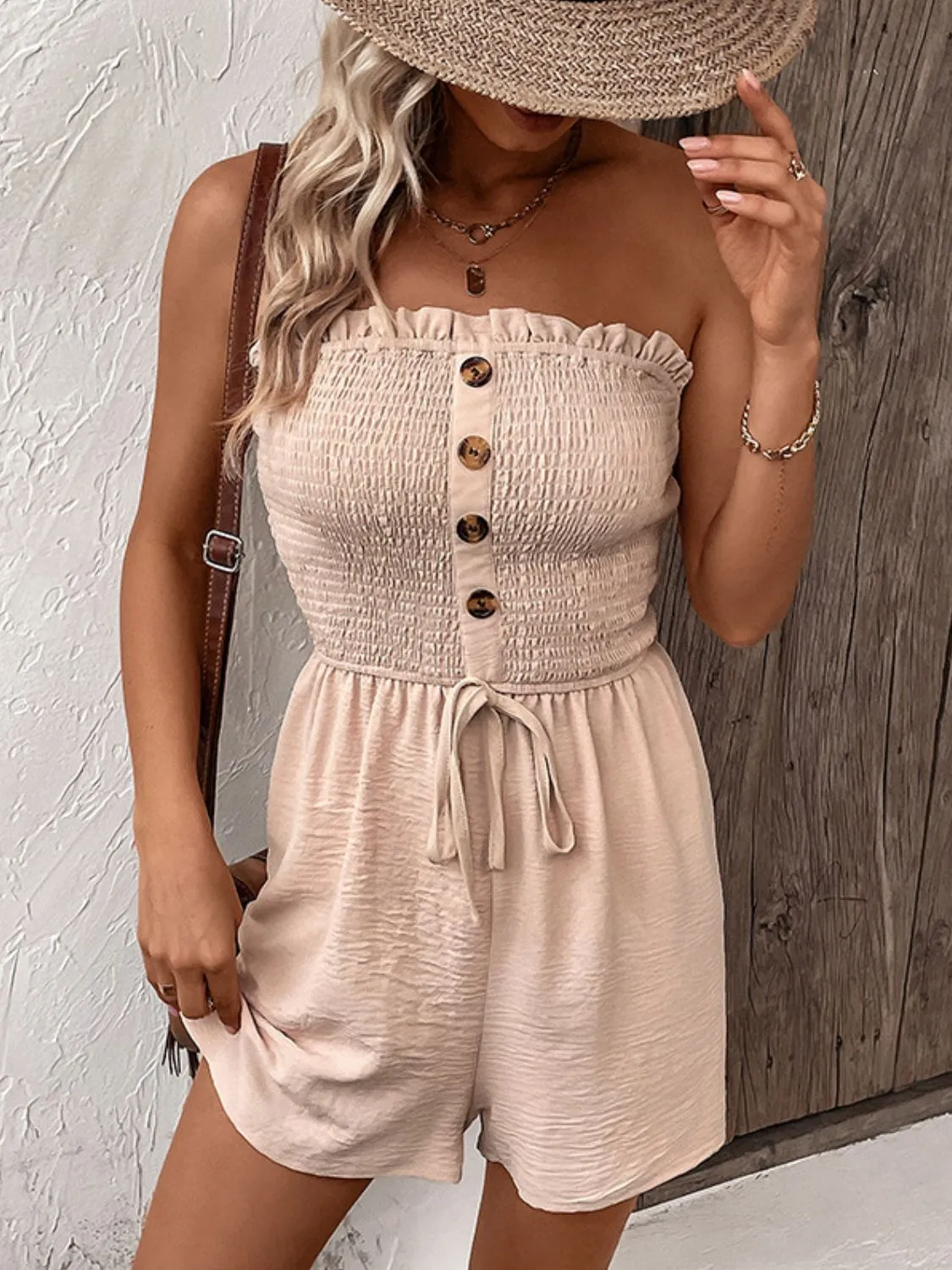 Chic Decorative Button Smocked Strapless Romper - Trendy Summer Outfit, Comfortable and Stylish Beachwear, Ideal for Casual Day Outfits