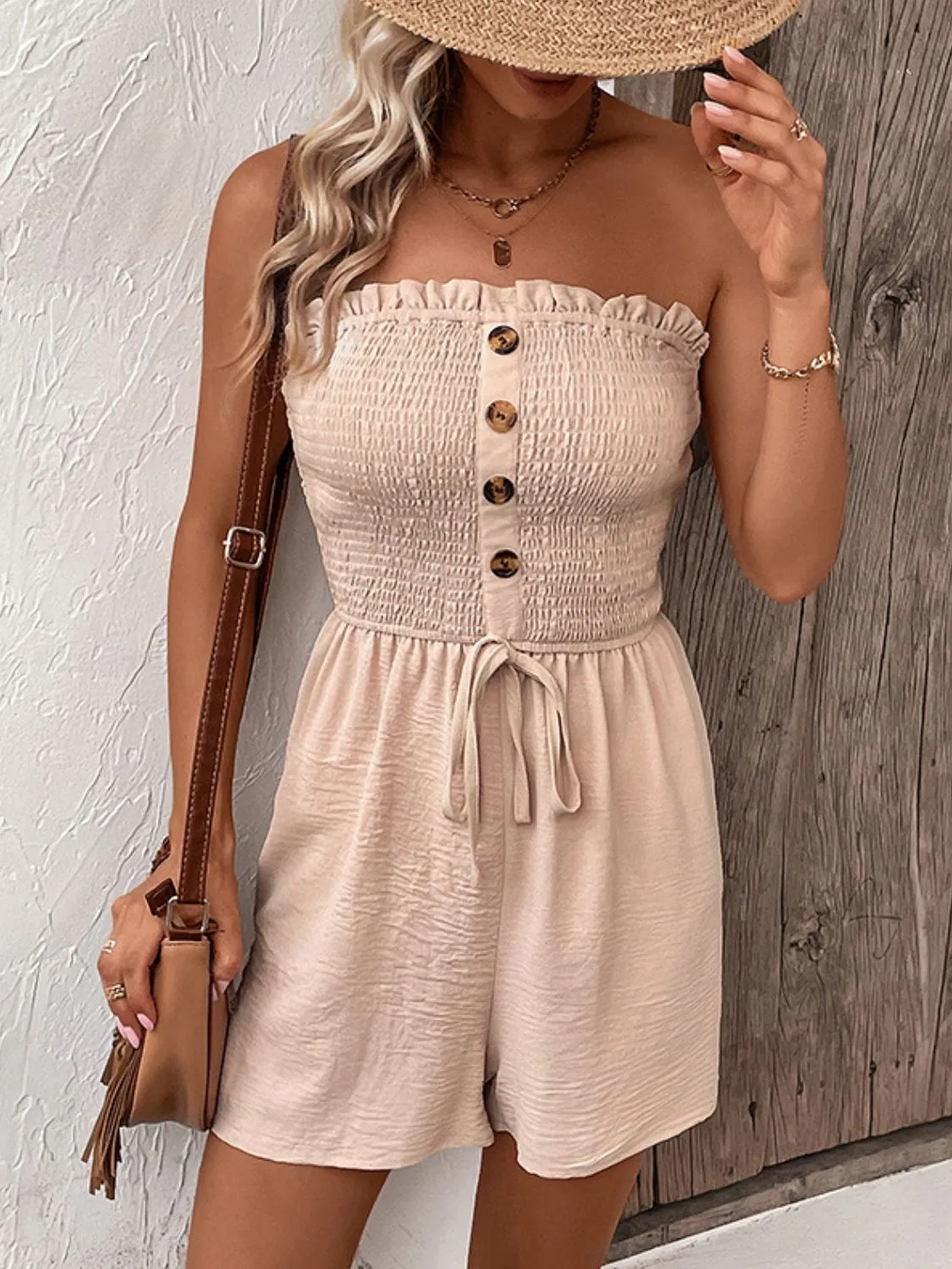 Chic Decorative Button Smocked Strapless Romper - Trendy Summer Outfit, Comfortable and Stylish Beachwear, Ideal for Casual Day Outfits