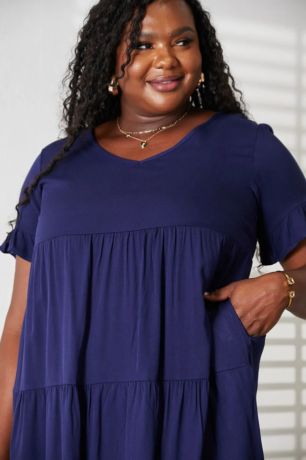 **Chic Plus Size V-Neck Flounce Sleeve Tiered Navy Blue Dress - Perfect for Summer Outfits!**