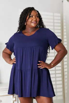 **Chic Plus Size V-Neck Flounce Sleeve Tiered Navy Blue Dress - Perfect for Summer Outfits!**