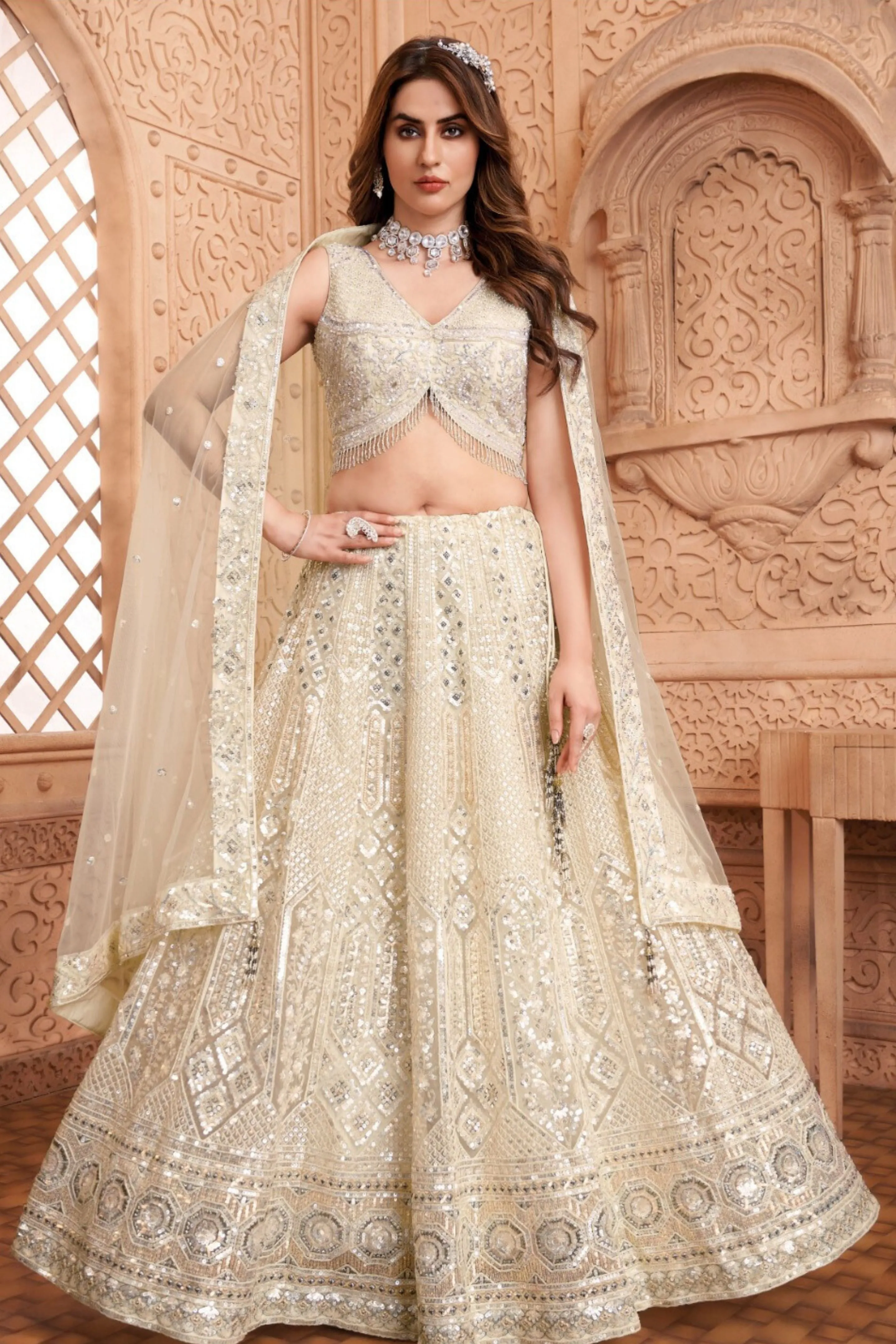 Classic Ivory Embellished Premium Net Lehenga Set