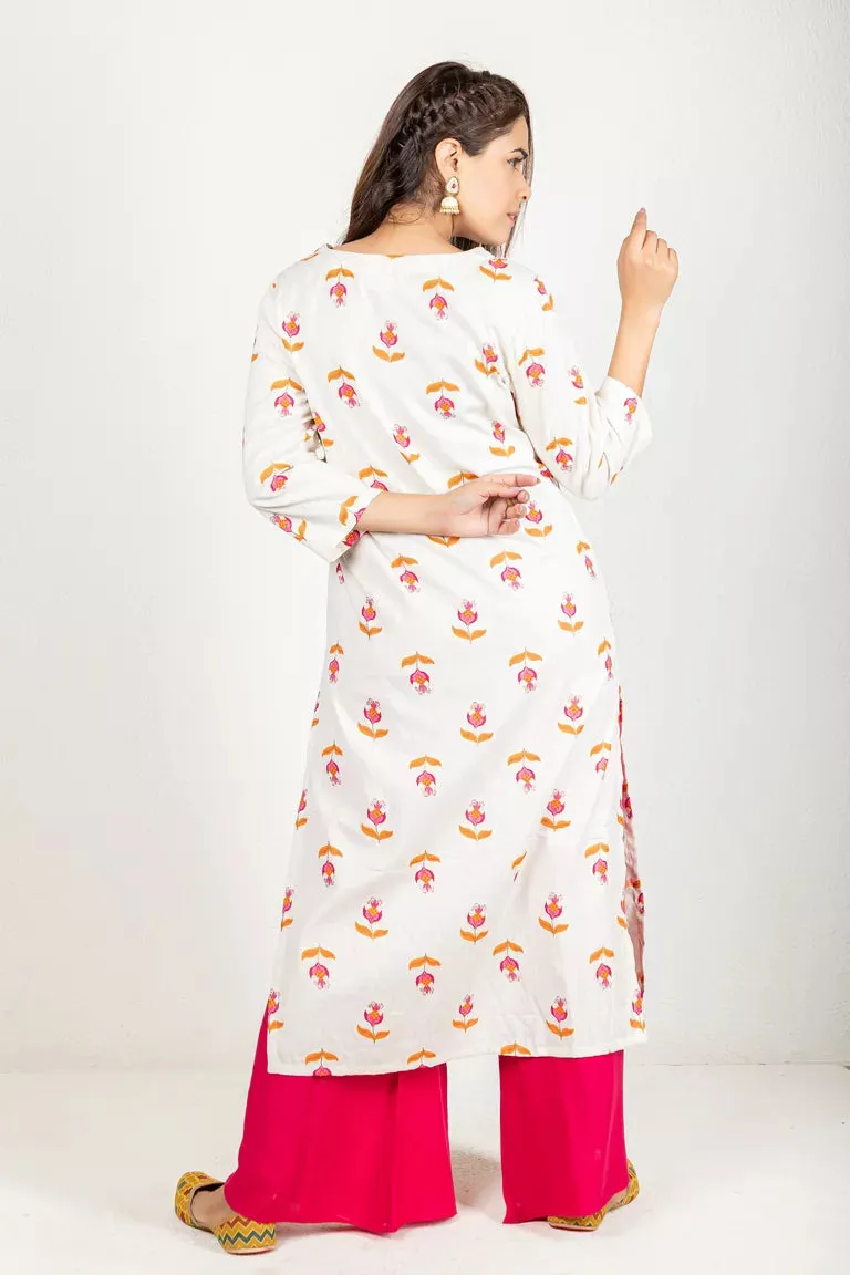 Cream With Orange & Pink Cotton Flax Kurta