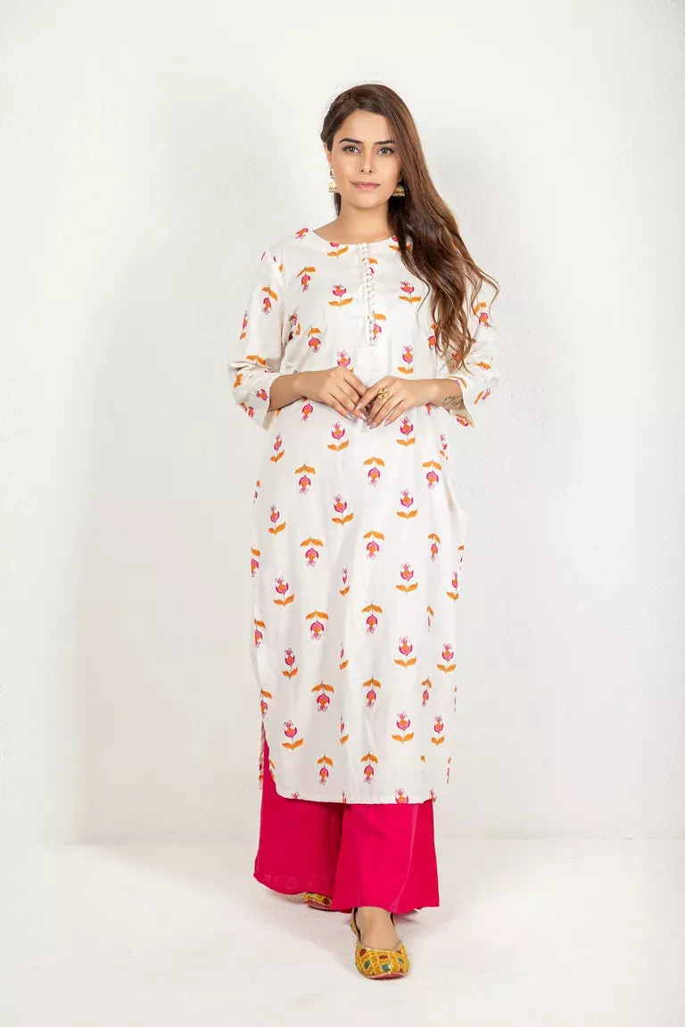 Cream With Orange & Pink Cotton Flax Kurta