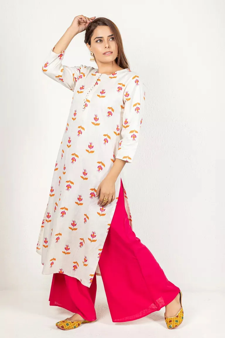 Cream With Orange & Pink Cotton Flax Kurta