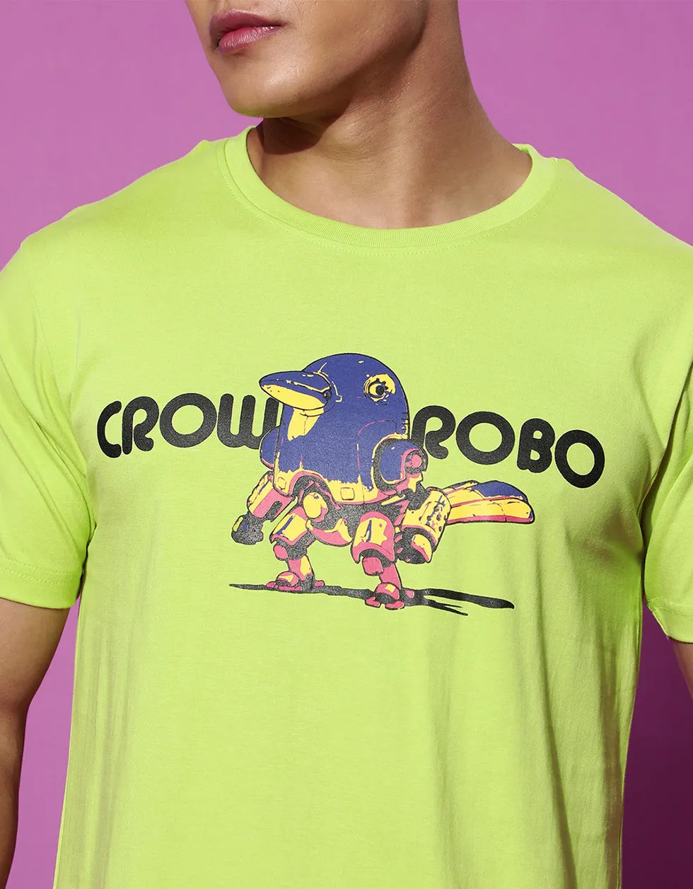 Crow Robo Green High Low Regular Fit Chest Graphic Printed Tshirt