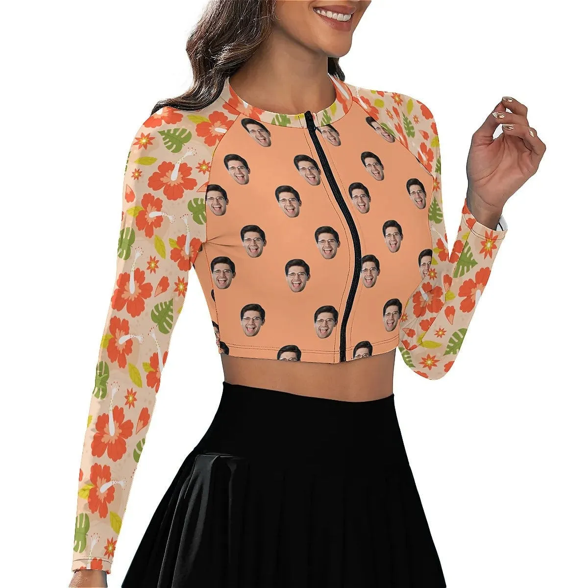 Custom Face Orange Flowers Bikini Top&Bottom Women's Swim Skirt With Bottom Long Sleeve Zip Top