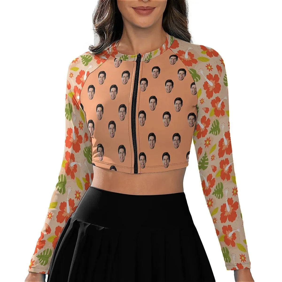 Custom Face Orange Flowers Bikini Top&Bottom Women's Swim Skirt With Bottom Long Sleeve Zip Top