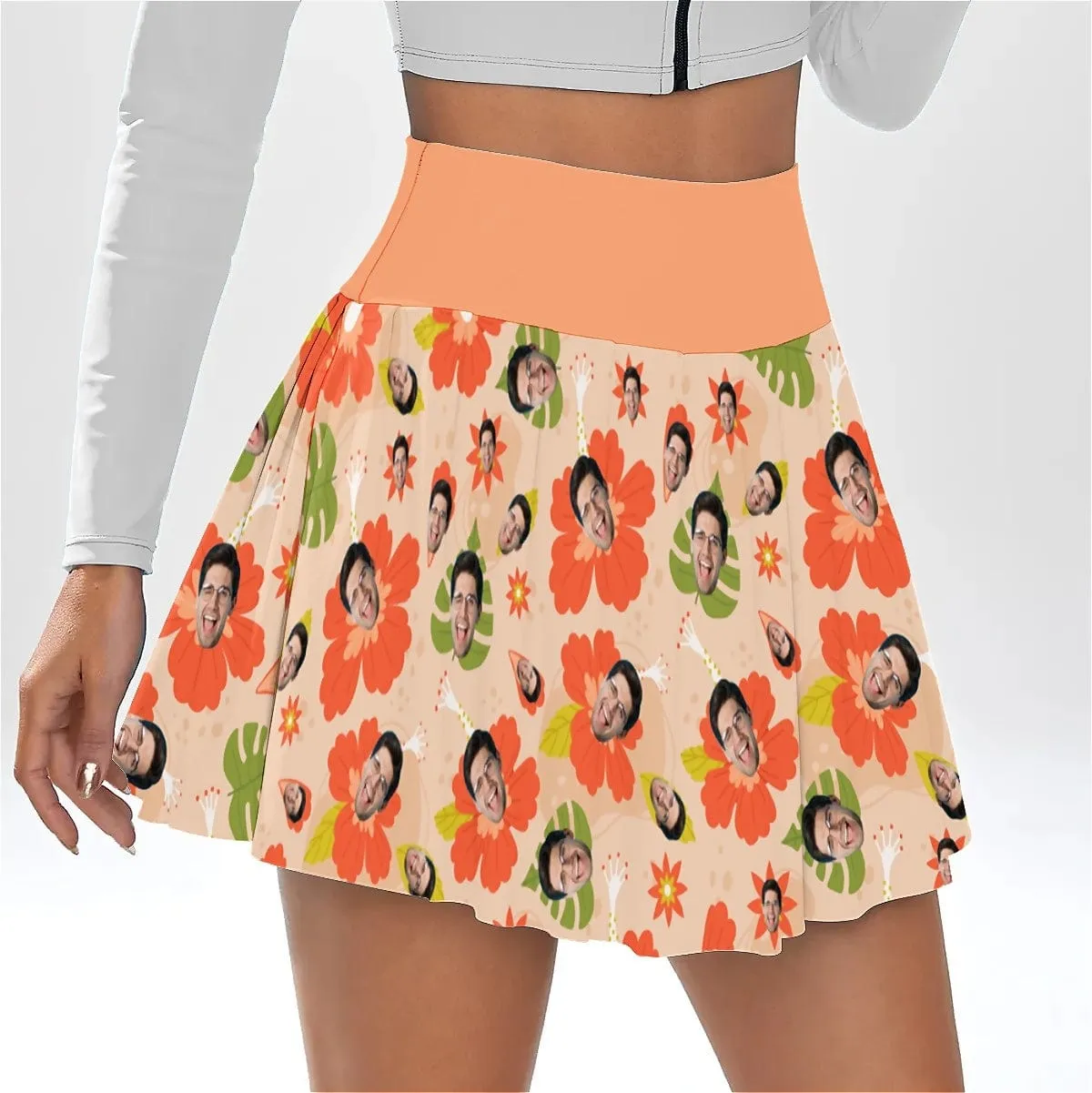 Custom Face Orange Flowers Bikini Top&Bottom Women's Swim Skirt With Bottom Long Sleeve Zip Top