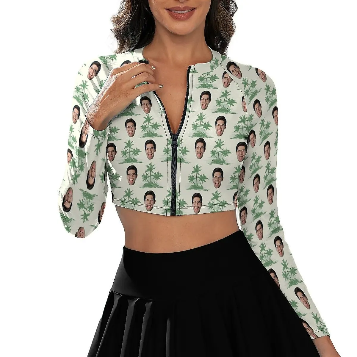 Custom Face Palm Tree Bikini Top&Bottom Women's Swim Skirt With Bottom Long Sleeve Zip Top