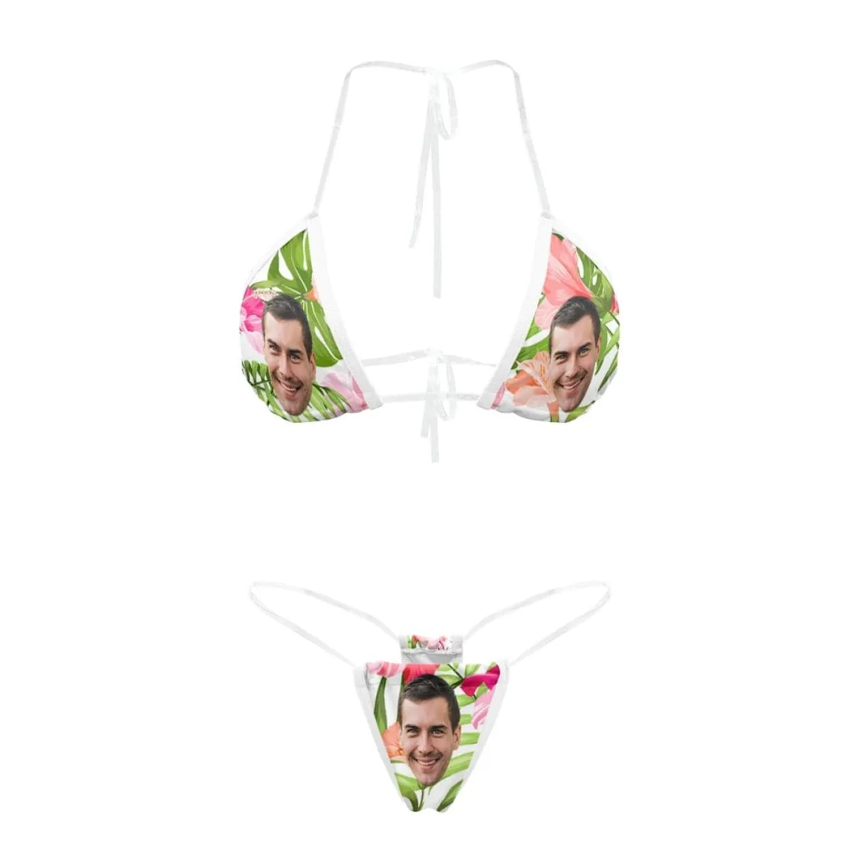 Custom Face Tropical Flowers Transparent String Bikini Set Personalized Women's Two Piece Sexy Summer Bathing Suit