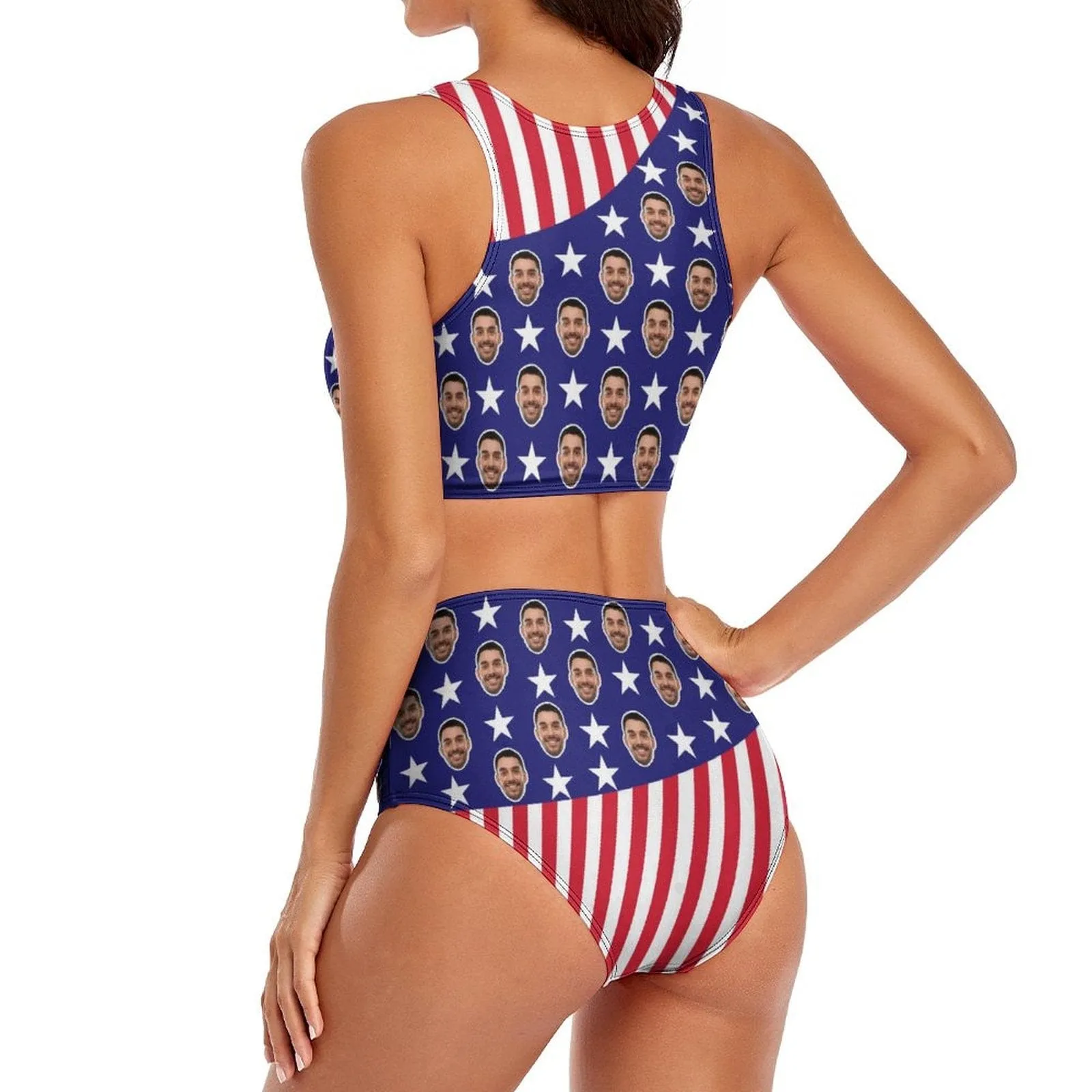 Custom Face USA Flag Cutout Top High Waisted Bikini Personalized Women's Two Piece Swimsuit Beach Outfits