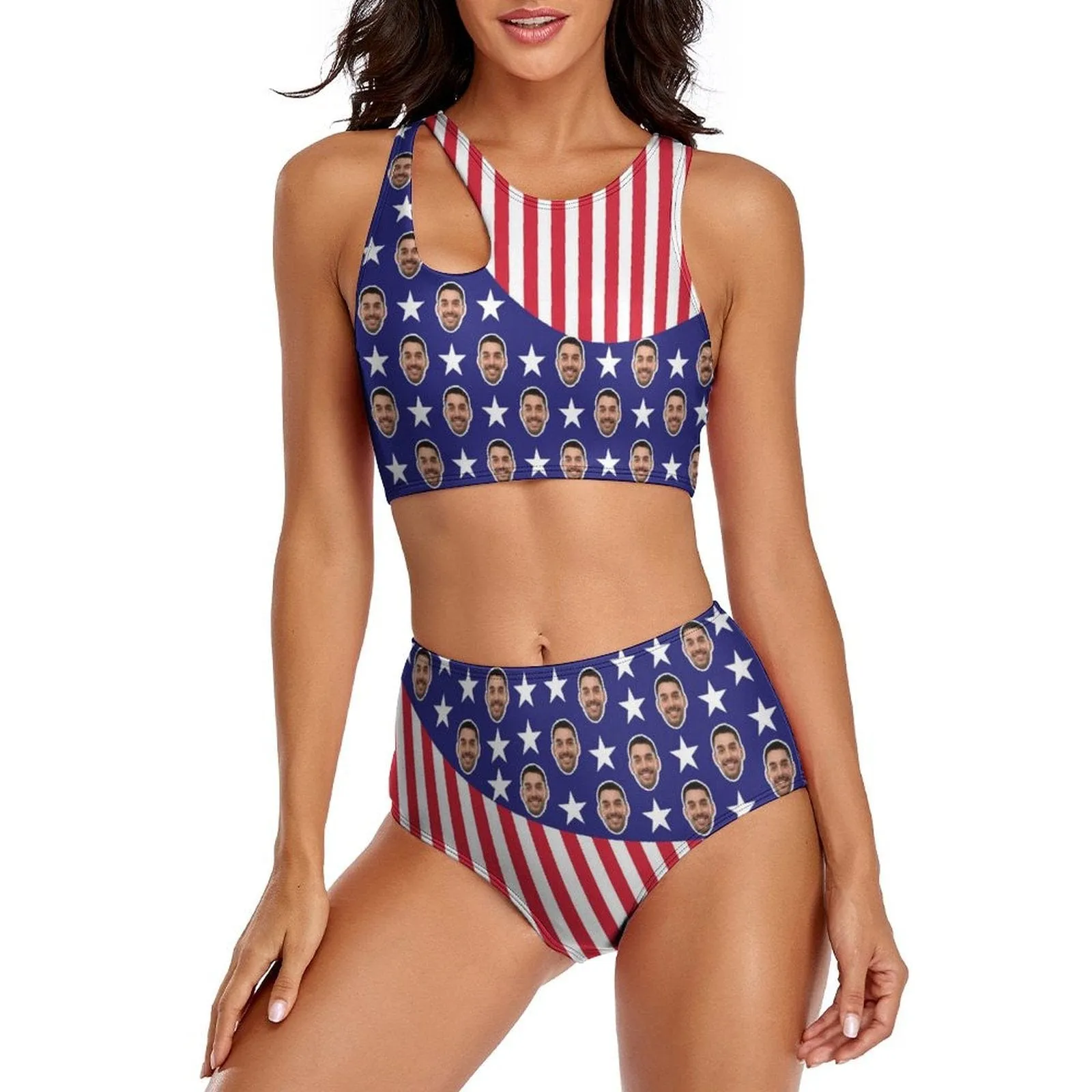 Custom Face USA Flag Cutout Top High Waisted Bikini Personalized Women's Two Piece Swimsuit Beach Outfits