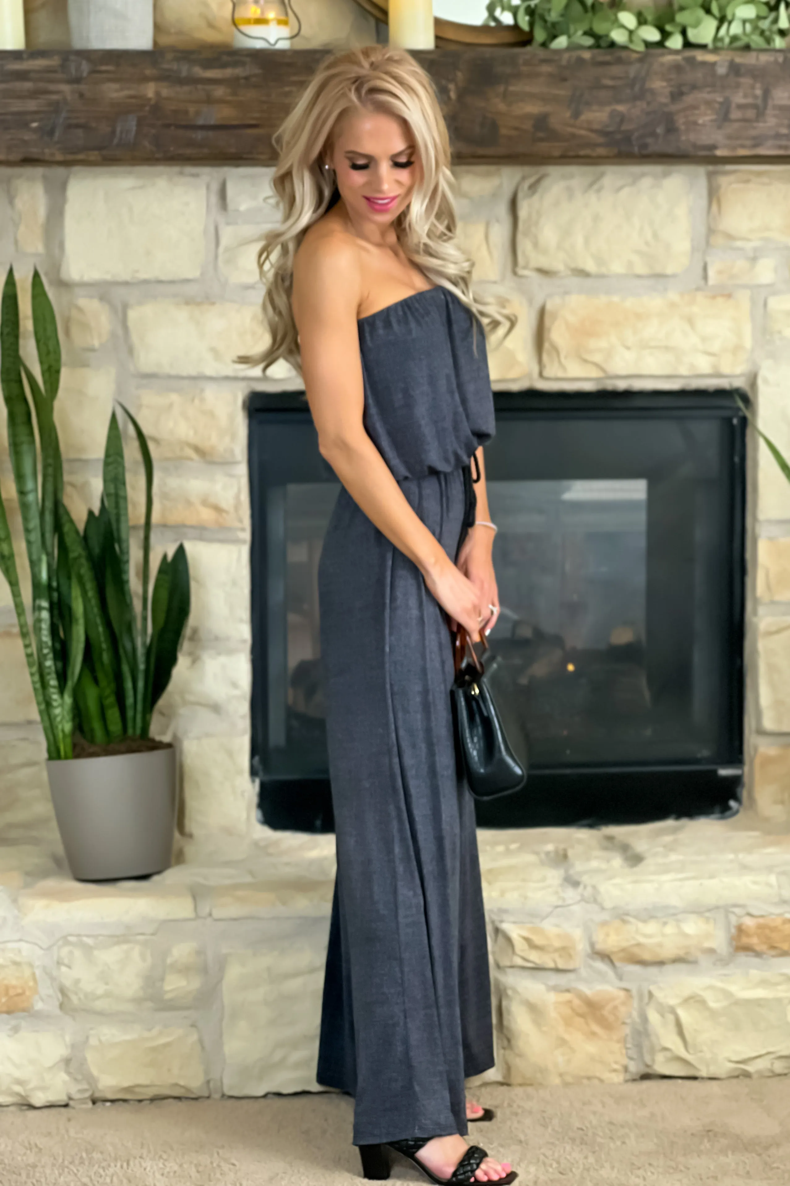 Delightful Night Printed Strapless Jumpsuit : Heathered Black