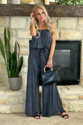 Delightful Night Printed Strapless Jumpsuit : Heathered Black