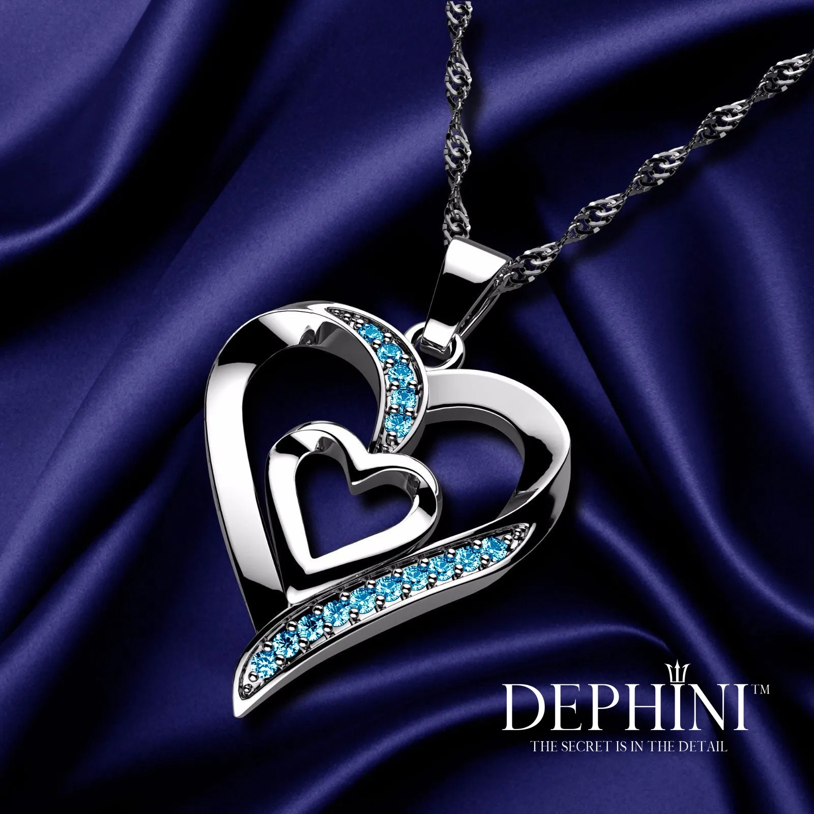 DEPHINI Heart Necklace - 925 Sterling Silver Blue CZ Crystal