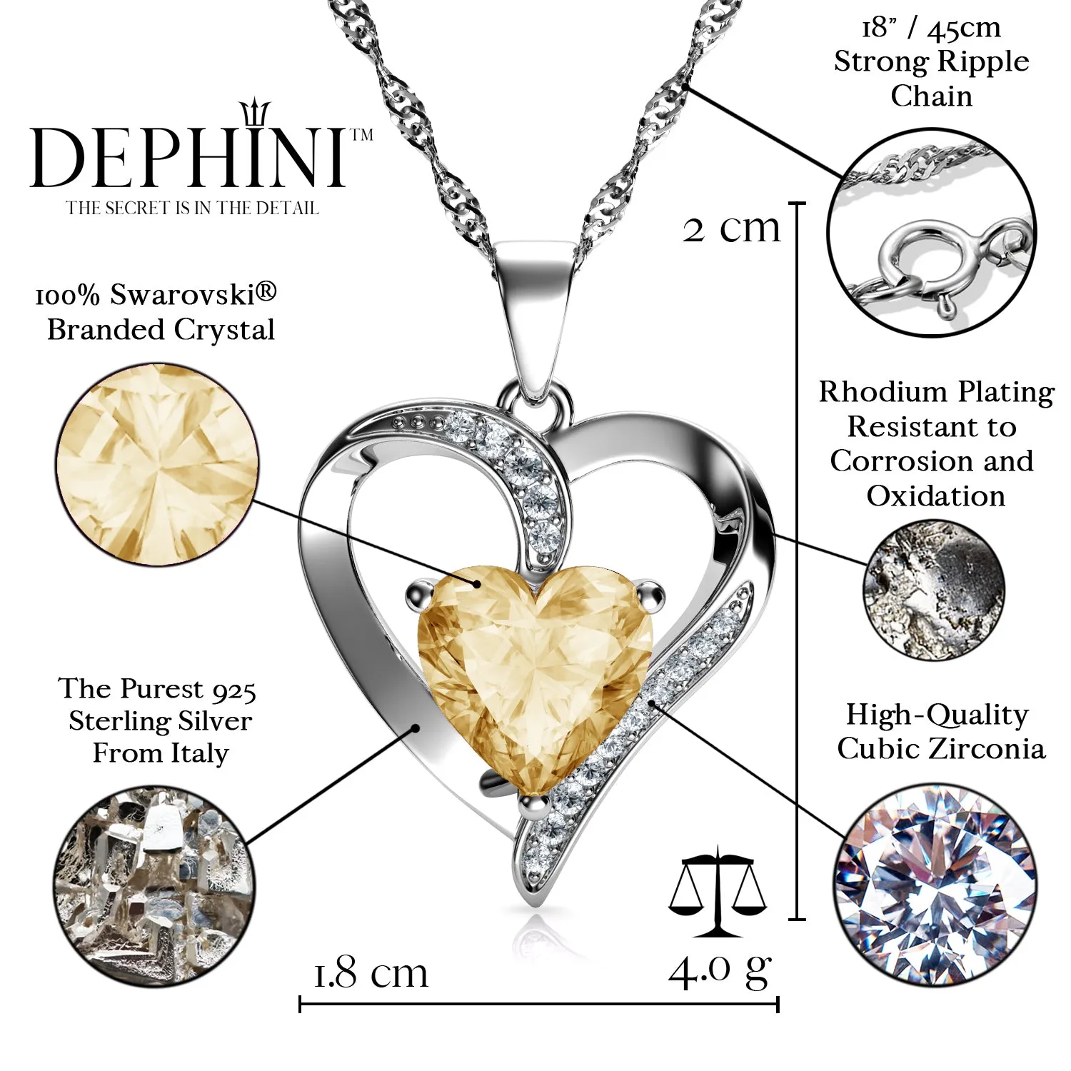 DEPHINI Yellow Heart Necklace 925 Sterling Silver Heart Pendant