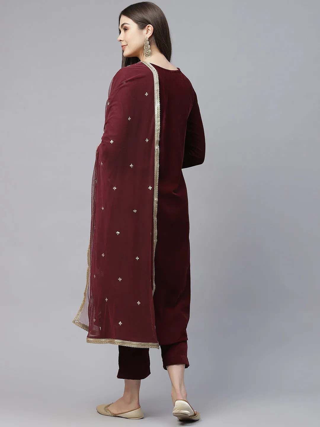 Divena Maroon Velvet hand work Kurta pant With Net Dupatta set