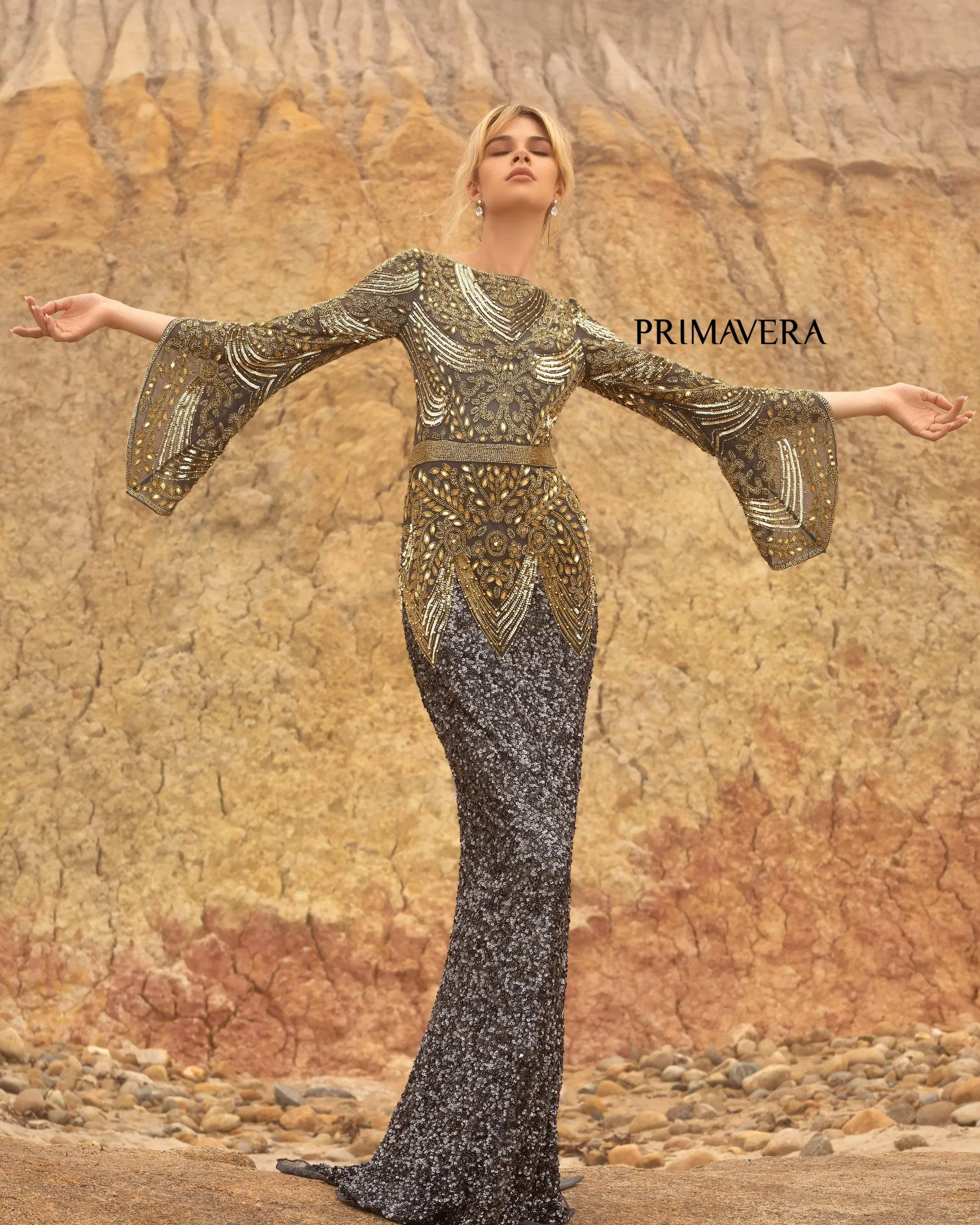 Dorota | Beaded Long Sleeve Evening Gown | Primavera 3680