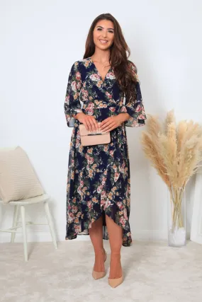 Double Second Printed Navy Wrap Front Butterfly Sleeve Dress