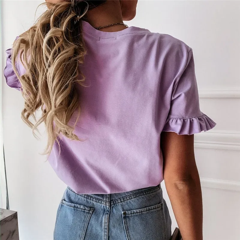 DressBetty - Casual Plain Ruffles Tee