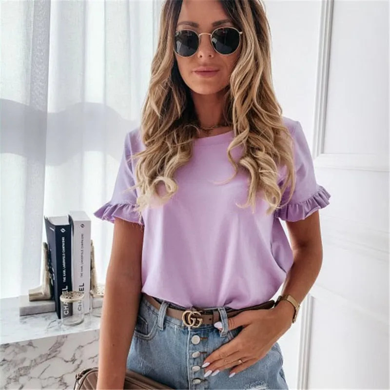 DressBetty - Casual Plain Ruffles Tee