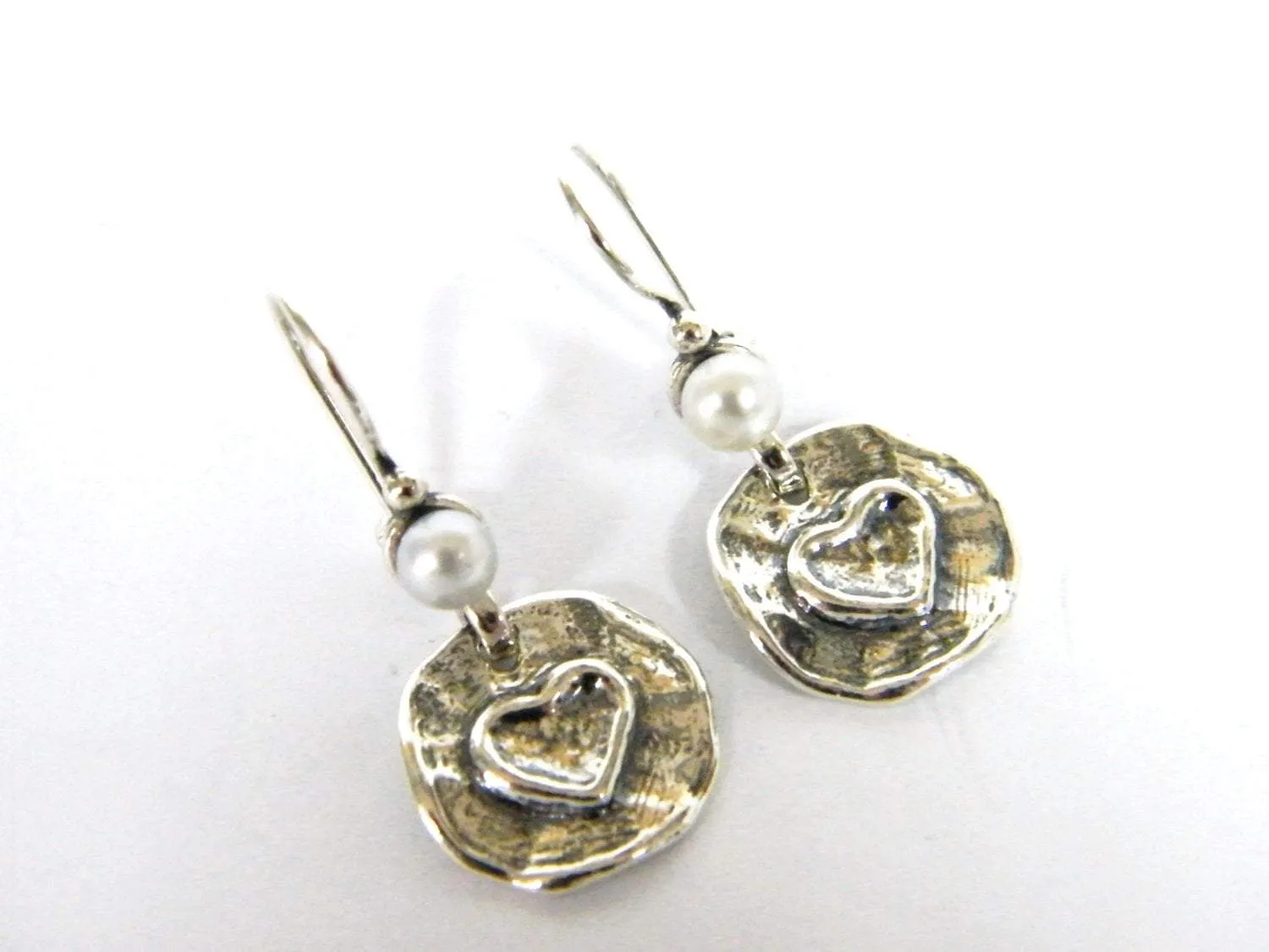 Earrings sterling silver with pearls heart deco