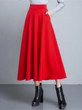 Elegant A Line Swing Midi Skirt with Pockets in Wine Black Red for Women's Fashion