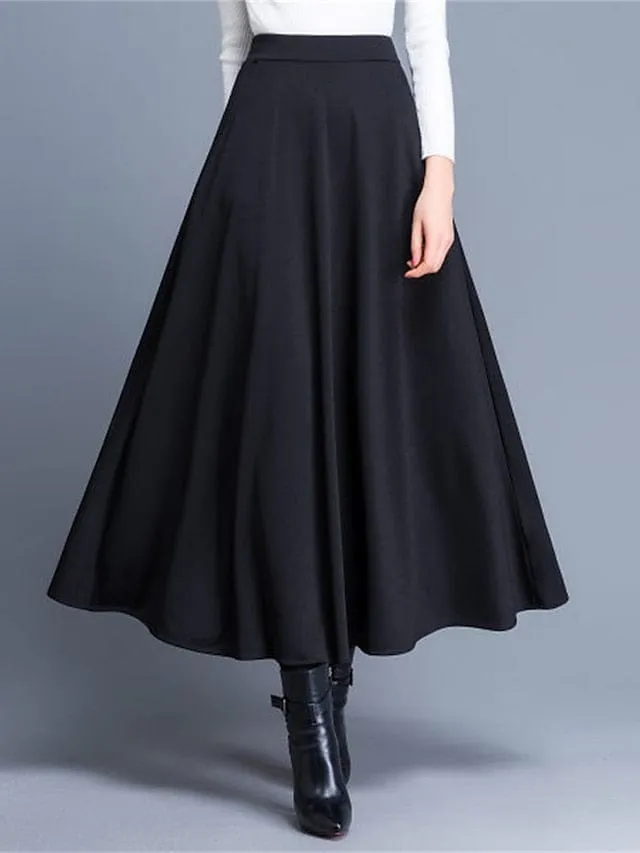 Elegant A Line Swing Midi Skirt with Pockets in Wine Black Red for Women's Fashion