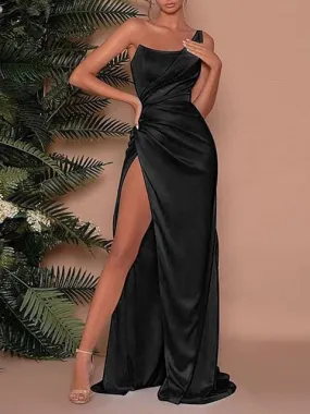 Elegant Black Satin Maxi Dress with Asymmetric Slant and Puff Sleeves