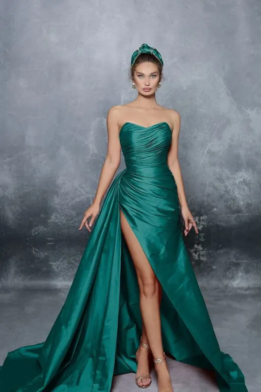 Elegant Blue Sleeveless Strapless Prom Dress with Pleated Slit