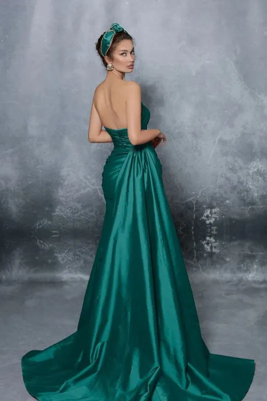 Elegant Blue Sleeveless Strapless Prom Dress with Pleated Slit