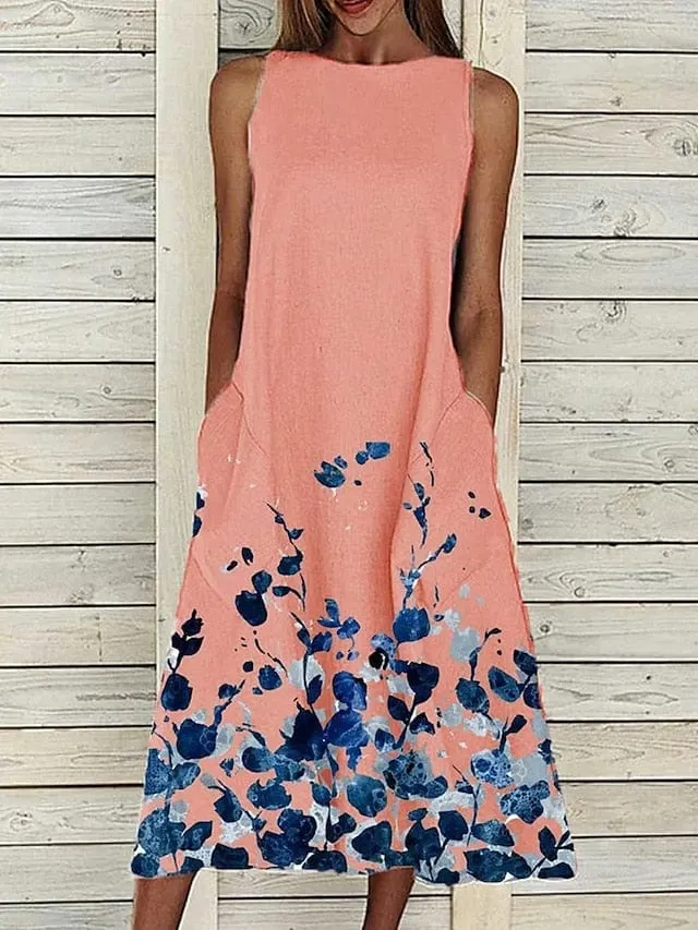 Elegant Floral Print Sleeveless Midi Shift Dress for Women