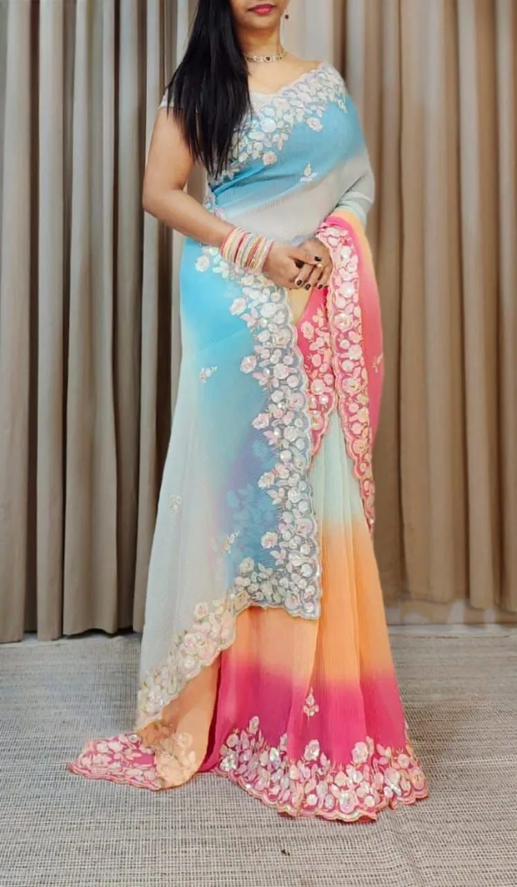 Elegant Multi Colored Soft Georgette With Sequins Embroidery Work Saree