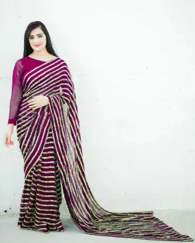 Elegant Purple Sequins Stripe Pure Georgette Trendy Saree