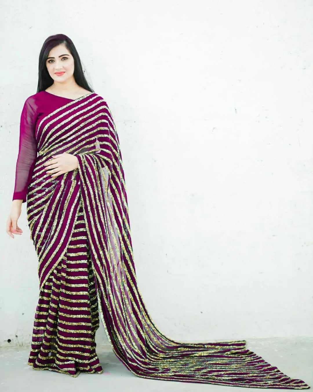 Elegant Purple Sequins Stripe Pure Georgette Trendy Saree