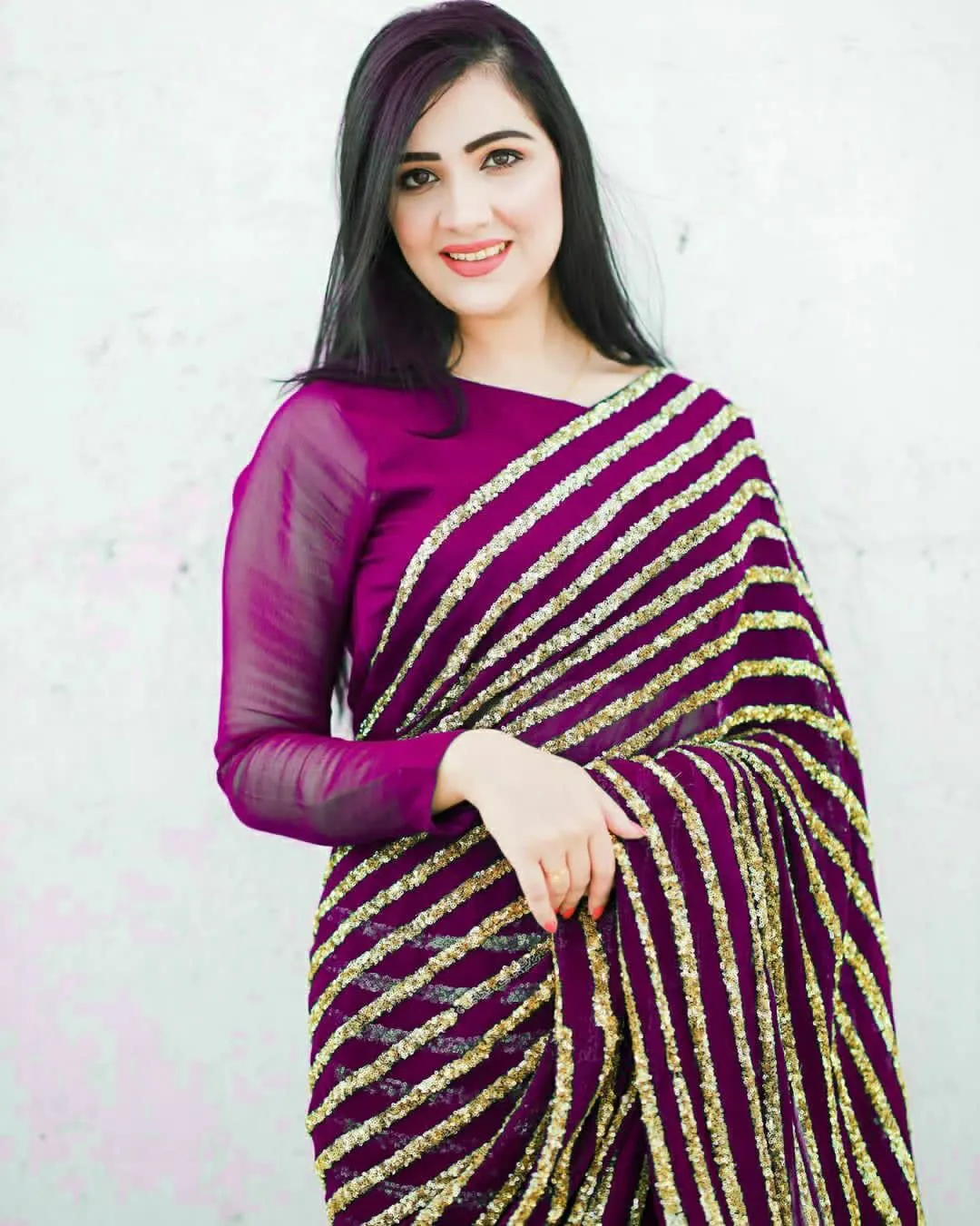 Elegant Purple Sequins Stripe Pure Georgette Trendy Saree